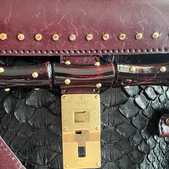 Auth.GUCCI 100% real python skin and burgundy leather shoulder bag,excellent - Picture 7 of 16
